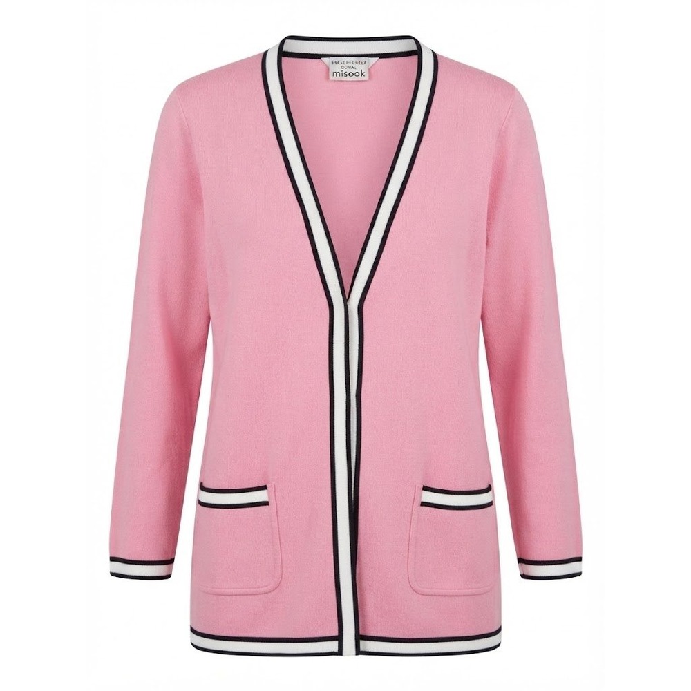 Misook Woman Pink Open Front Cardigan Sweater 2X Contrast Trim Pockets